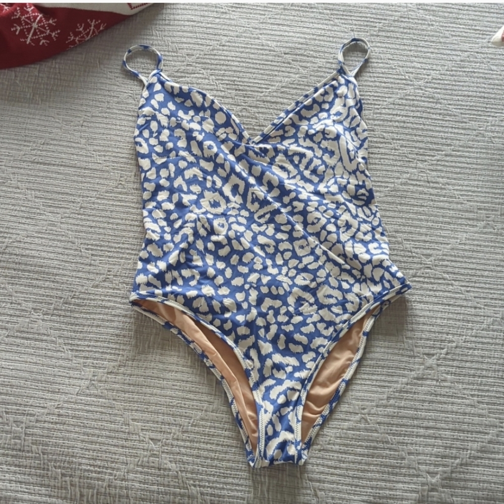 J. Crew Playa blue and white animal print one piece swimsuit medium
